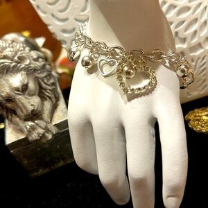 BRACELET Silver Heart Charms Australian Crystals in Open Heart Lobster Clasp